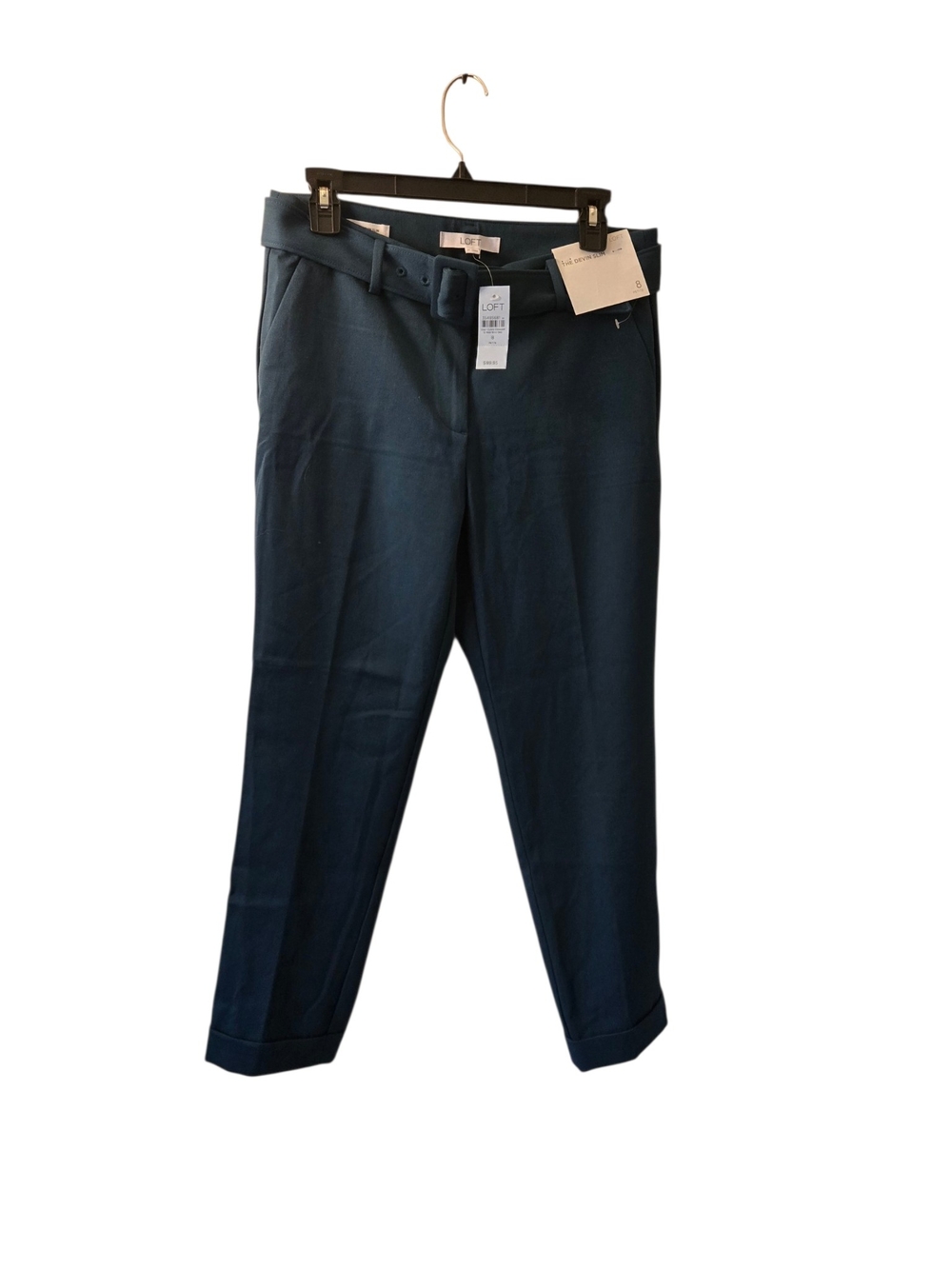 LOFT Women's Dark Blue Green Trousers with Belt NWT The Devin Slim Size 8P